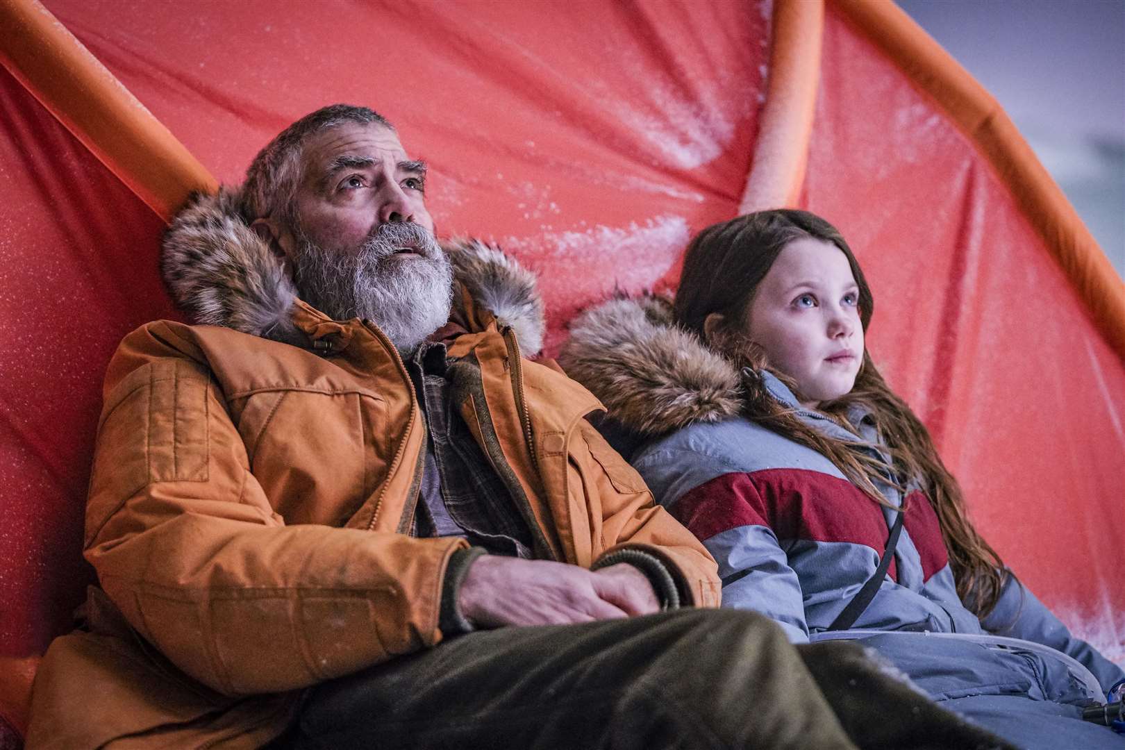 The Midnight Sky. Pictured: George Clooney as Augustine and Caoilinn Springall as Iris Picture: Netflix/Philippe Antonello