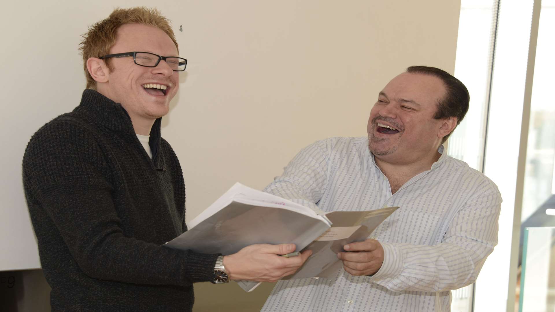 Shaun and Lloyd Hollett share a joke at rehearsals for Peter Pan Picture: Paul Amos