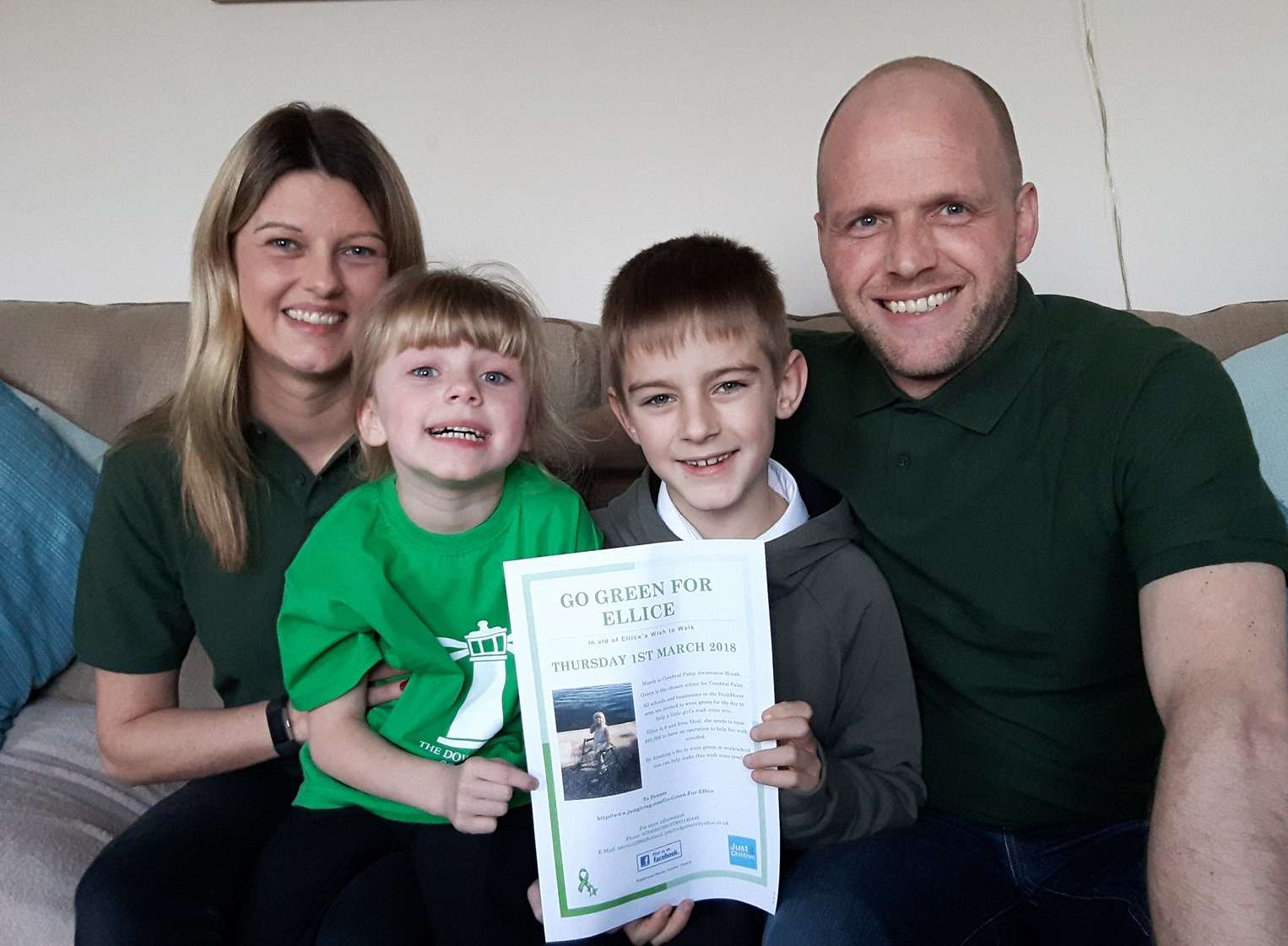 Ellice and her family mum Amy, brother Jay and dad Joe invite you to wear green on March 1.