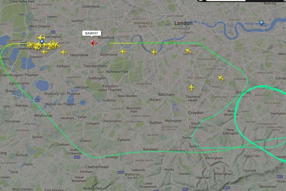 The flight has turned around and is descending into Heathrow Airport