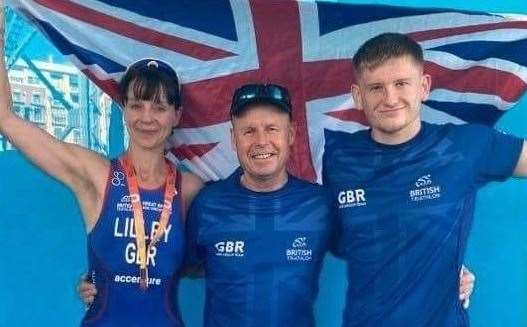 Nicola Lilley with Simon Montgonery and Cameron Kemp, representing GB at the European Triathlon Championships in Valencia