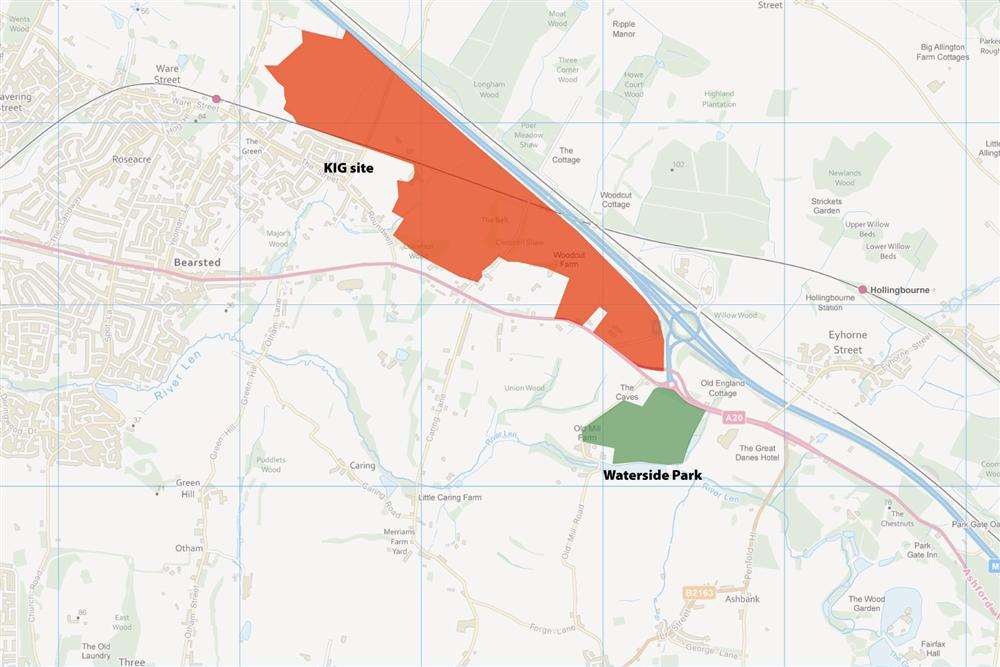 Waterside Park (in green) and where it fits in relation to the former KIG site (red)