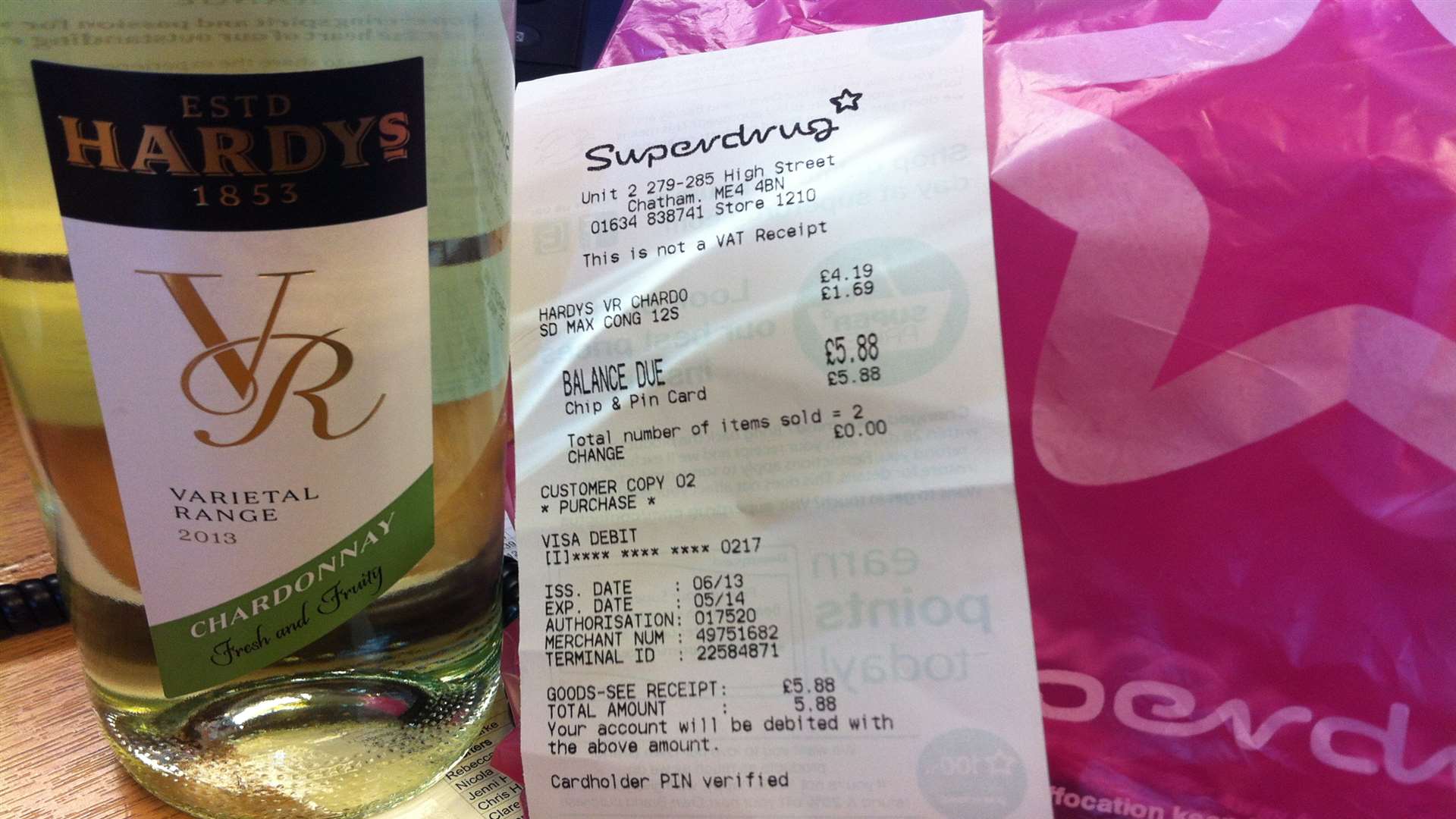 This wine was bought from Superdrug today after the company said it was no longer selling alcohol