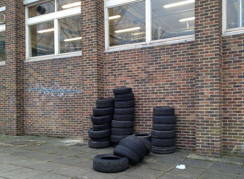 Tyres dumped outside University of the Creative Arts, Rochester