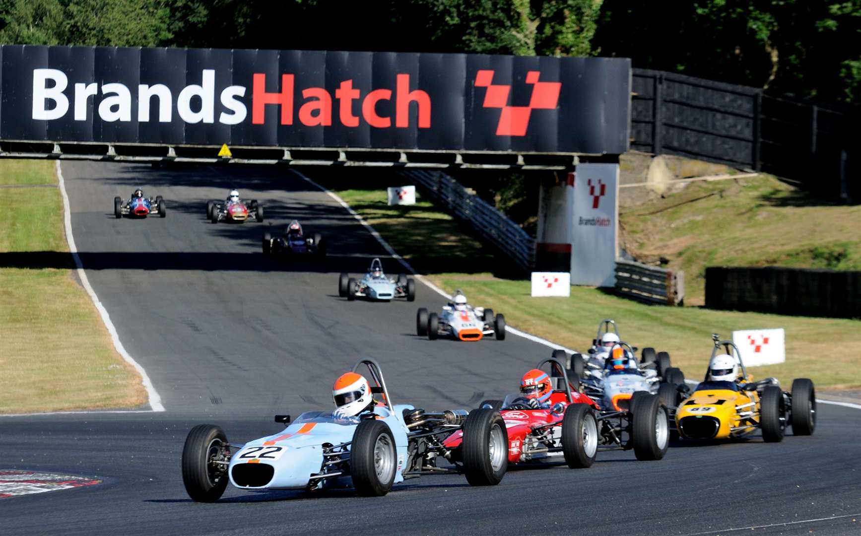 Chased by Tiff Needell in an Historic Formula Ford Championship thrash, Tim Brise turns into Clearways at Brands Hatch in July 2018. Picture: Simon Hildrew