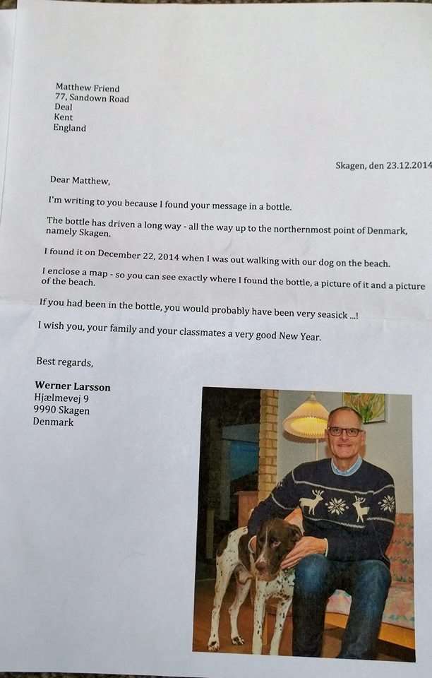Werner Larsson who found the bottle sent this letter back