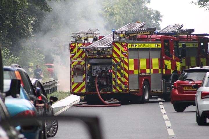 Car on fire at Detling Hill. Picture: Michael Donnelly
