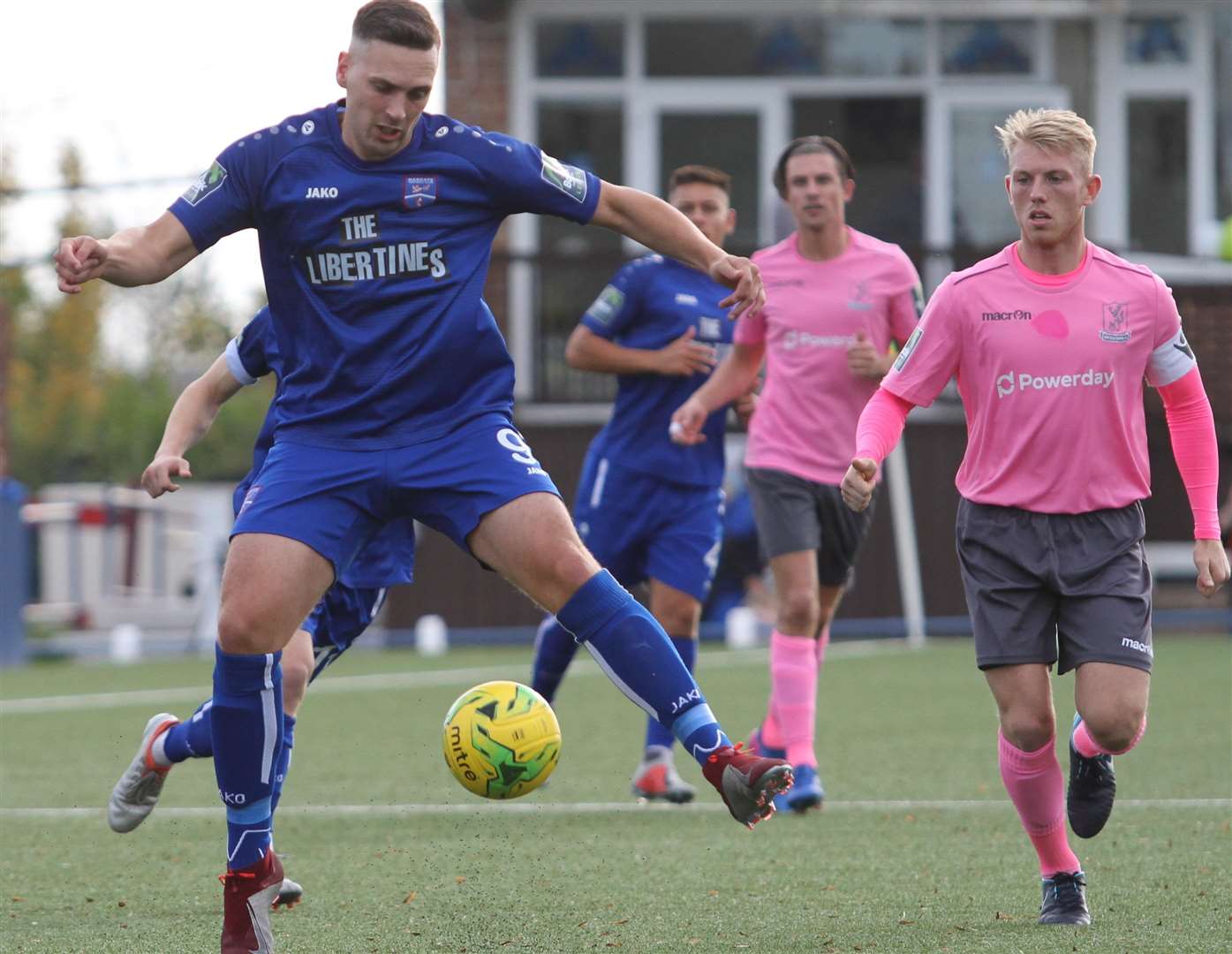 Margate's Joe Taylor in action against Enfield on Saturday. Picture: Don Walker
