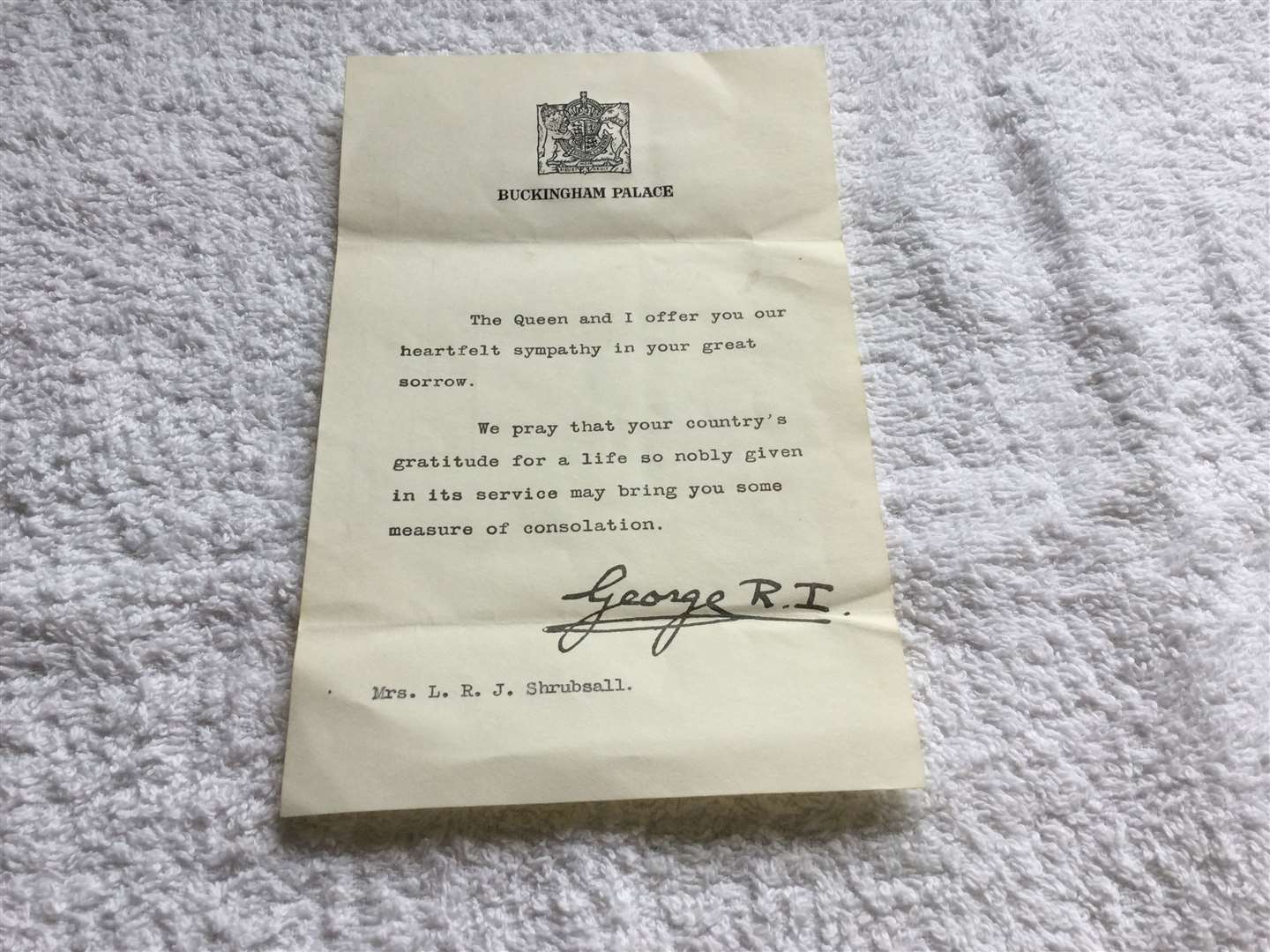 The King wrote to Sgt Shrubsall’s family