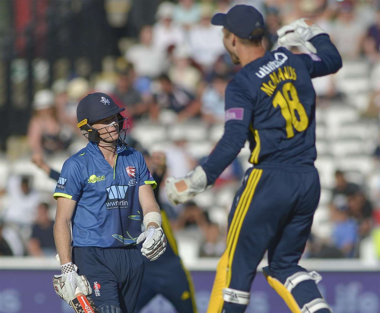 Last man out Sam Billings walks off as Hampshire celebrate Picture: Ady Kerry