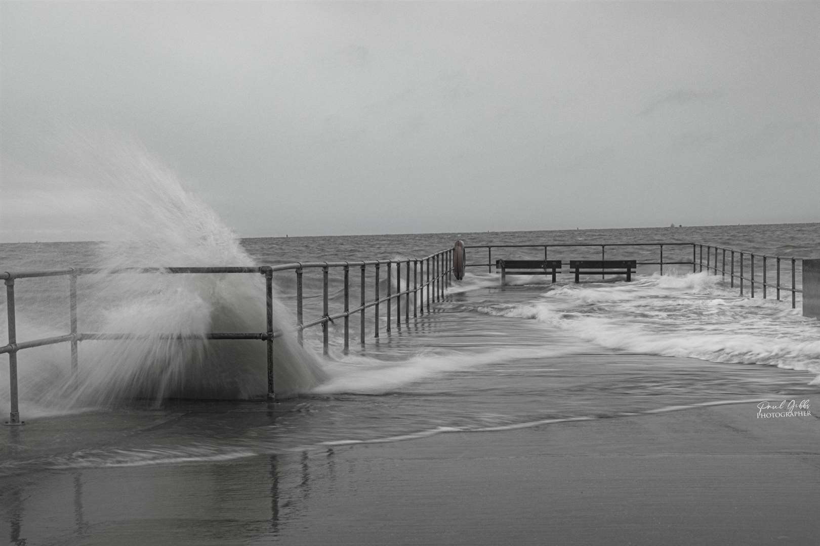 High tide whipped up by strong winds leads to waves crashing over Neptune Jetty at Sheerness on the Isle of Sheppey. Picture: Paul Gibbs