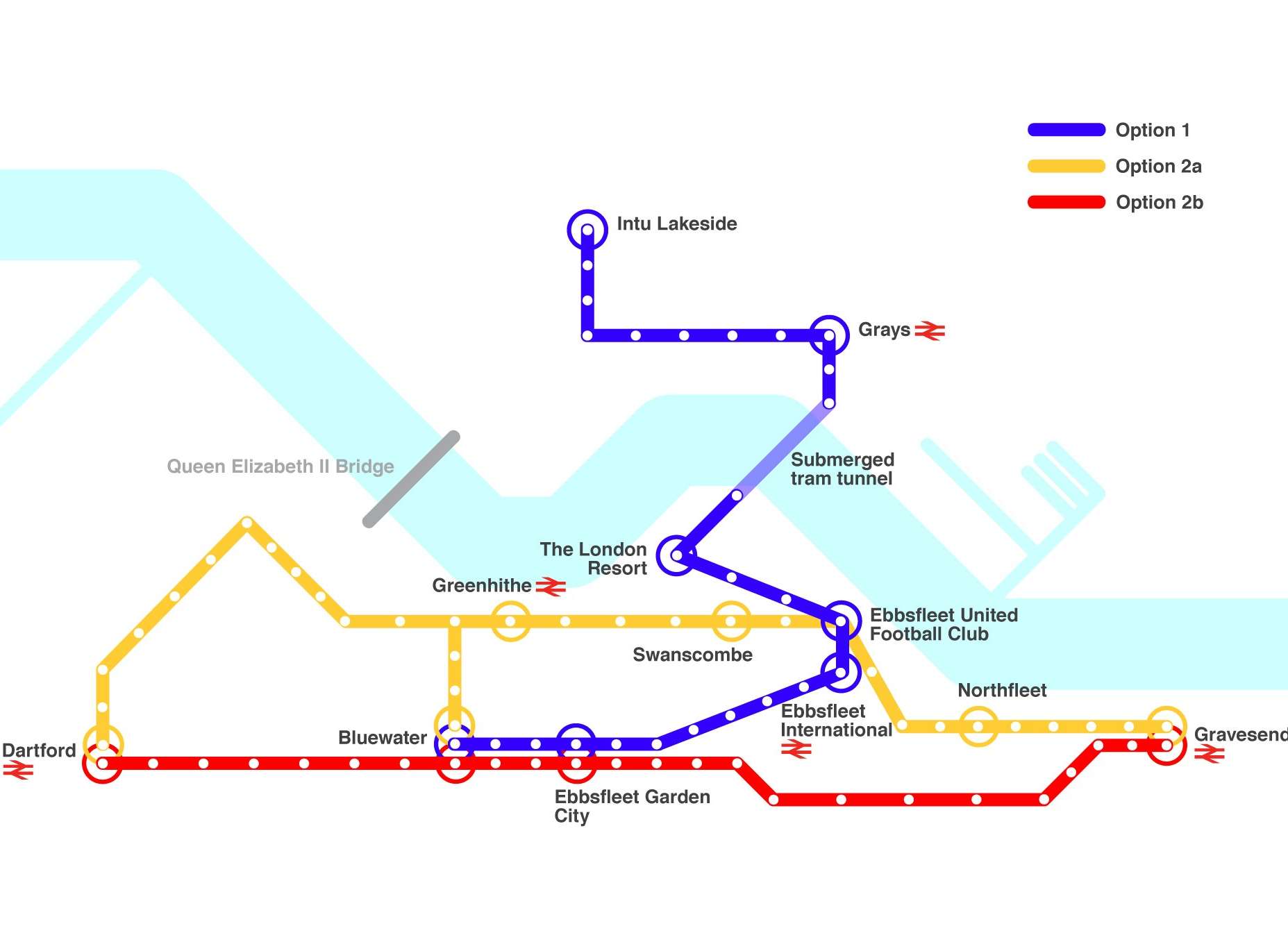A map of three of the proposed routes for the KenEx tram network