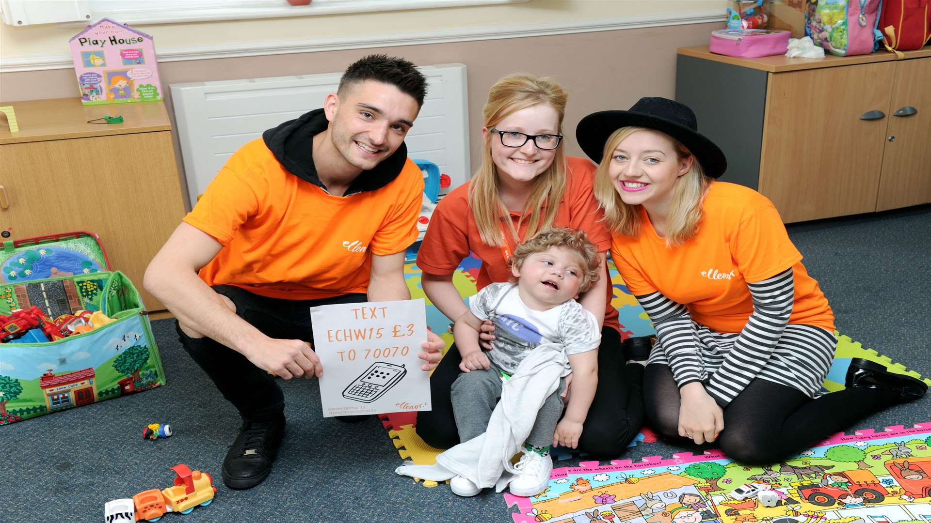 Tom Parker and actress girlfriend Kelsey Hardwick (right) with respite support worker Melissa Hirst and a child supported by ellenor