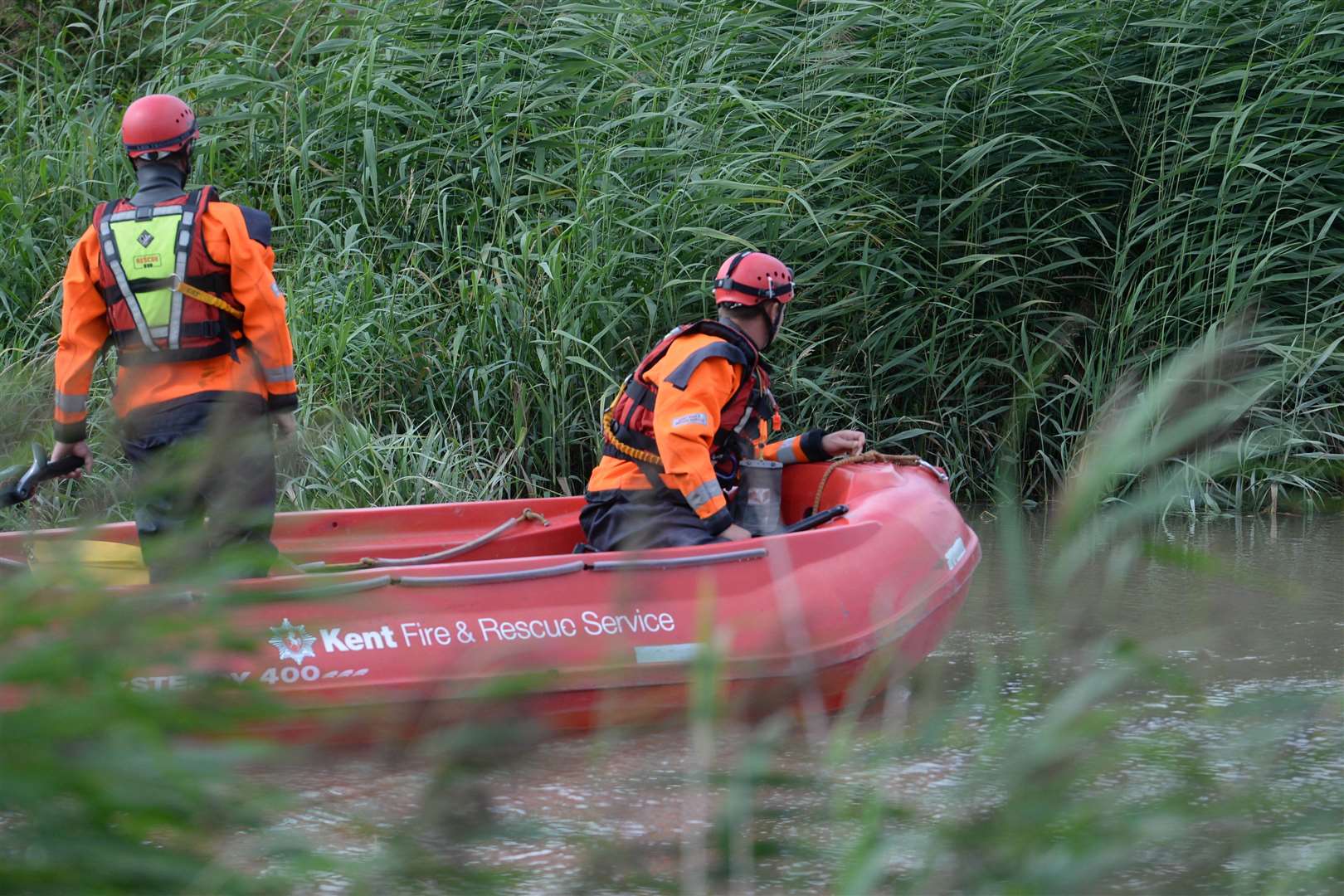 A Kent Fire and Rescue RIB in the search of the River Stour at Sandwich for missing Lucas Dobson continued on Sunday. Picture: Chris Davey. (15396375)