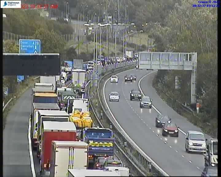 There were queues on the M20 in Folkestone following an incident. Picture: KCC Highways