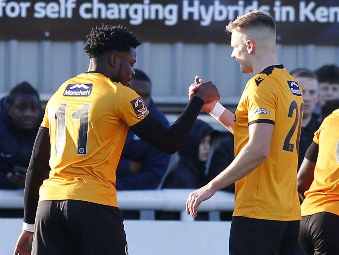 Maidstone winger Justin Amaluzor is congratulated by Ross Marshall after scoring against Braintree Picture: Andy Jones