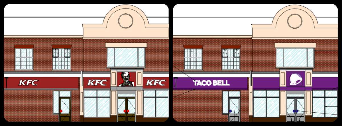 Planning documents show what the unit looks like now (left) and how it'll look once Taco Bell moves in (right). Picture: Dartford council planning portal
