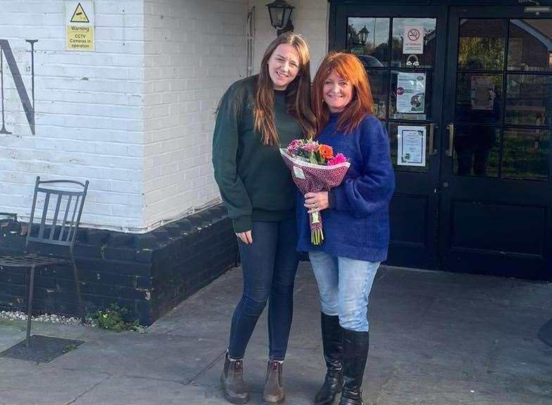 Hannah Scullion, left, with former landlady Karen Frith outside The Walnut Tree in Aldington