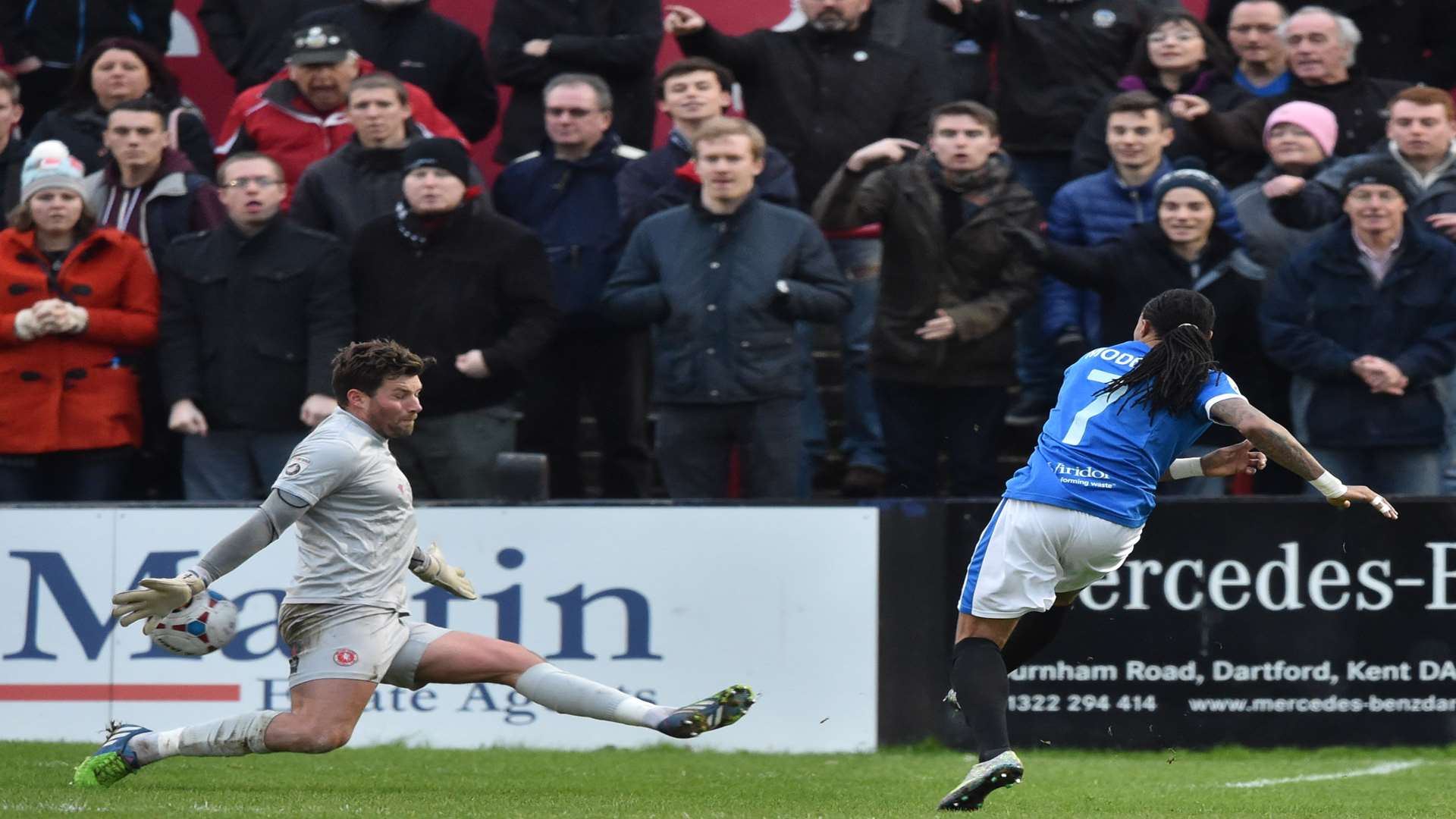 Dover's Ricky Modeste scores the opener at Welling. Picture: Keith Gillard