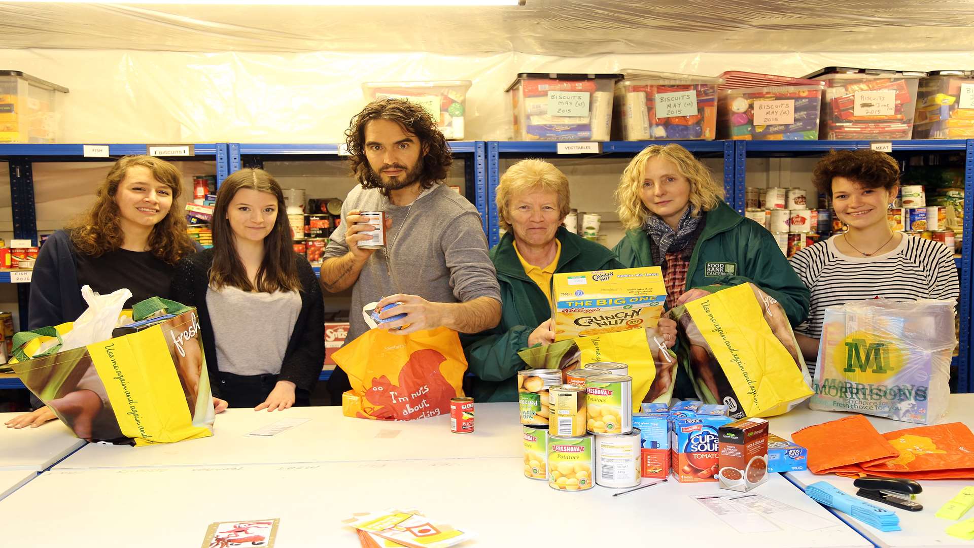 Russell Brand with Canterbury Food Bank volunteers