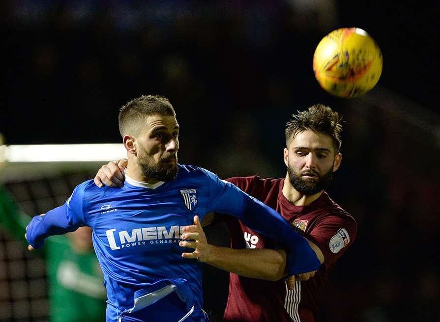 Max Ehmer making his 150th appearance for the Gills, at Northampton Picture: Ady Kerry