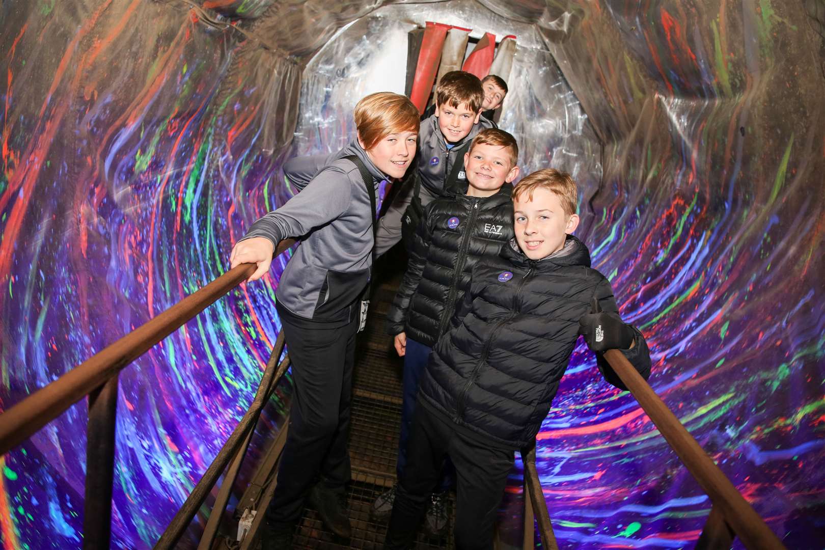 Harrison Pyle, 12, Cameron Pyle, nine, Will Brazier, 11, Oscar Coe, 11, and Jake Ottley, 11, in the spinning room Picture: Matthew Walker (19829907)