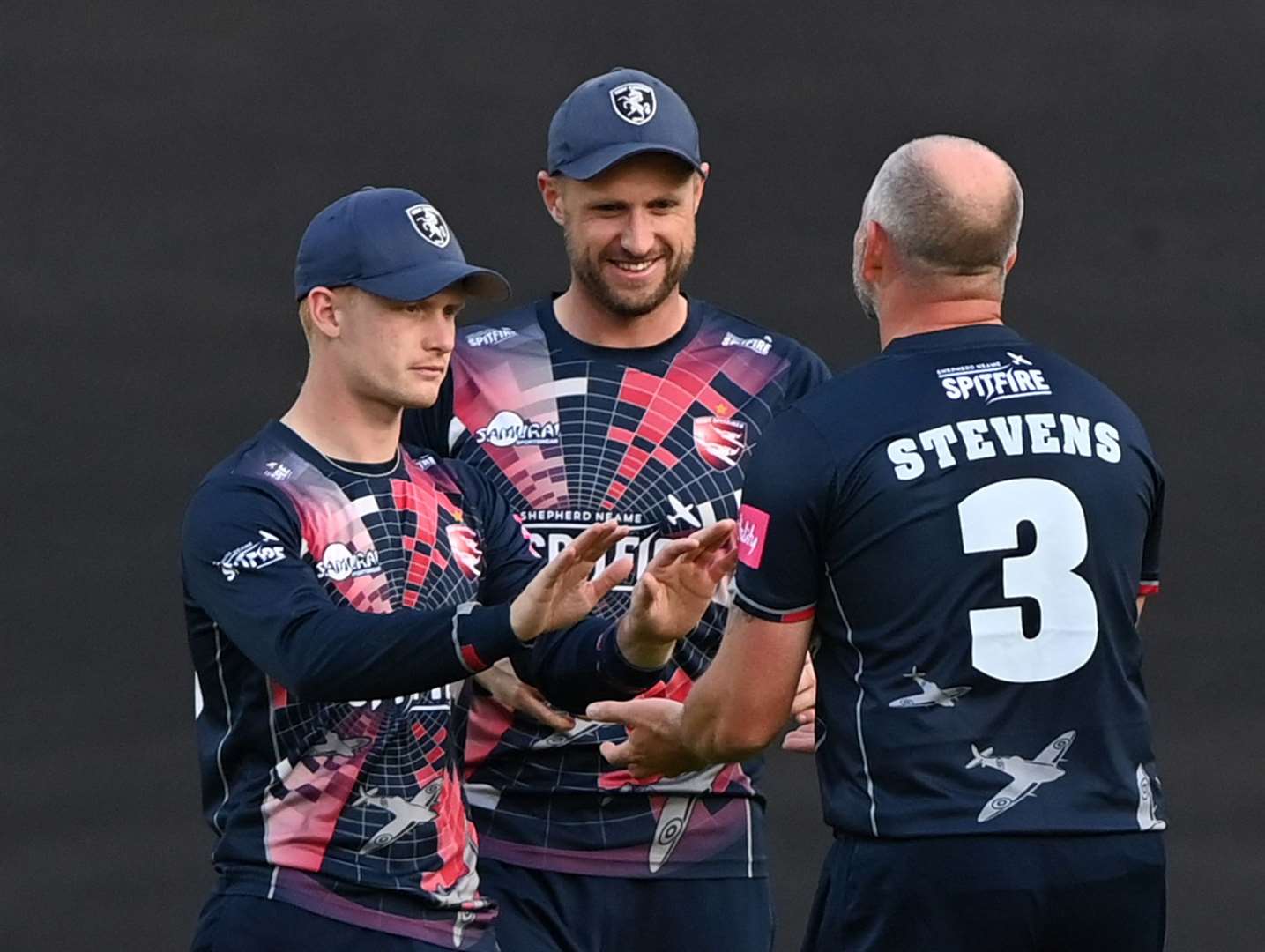 Cox, left, and Darren Stevens celebrate the wicket of Tim David during a Kent T20 Blast match against Surrey last year. Picture: Keith Gillard