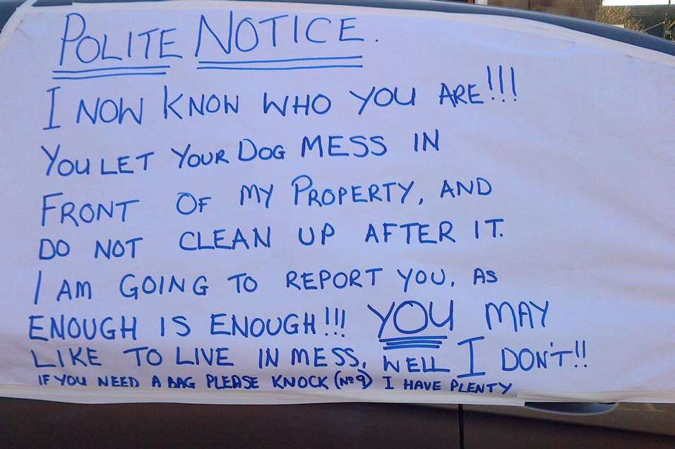 The huge note Kathy Bowyer put on her car to try to stop the problem of dog fouling