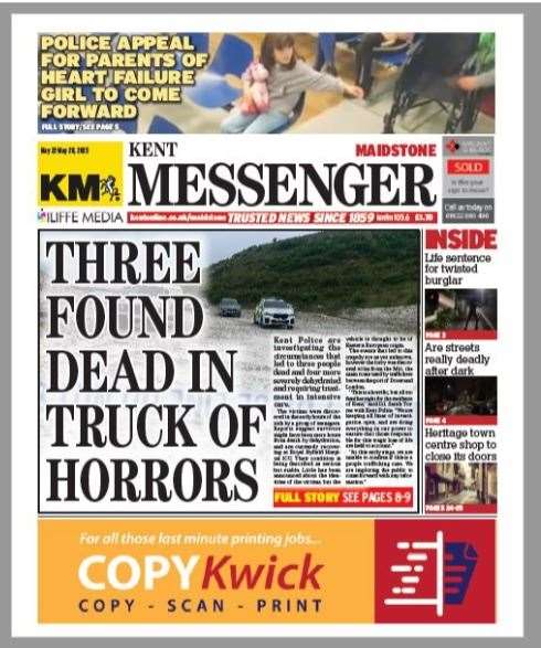 The Kent Messenger front page which was designed to appear in Silent Witness, but didn't make the final cut