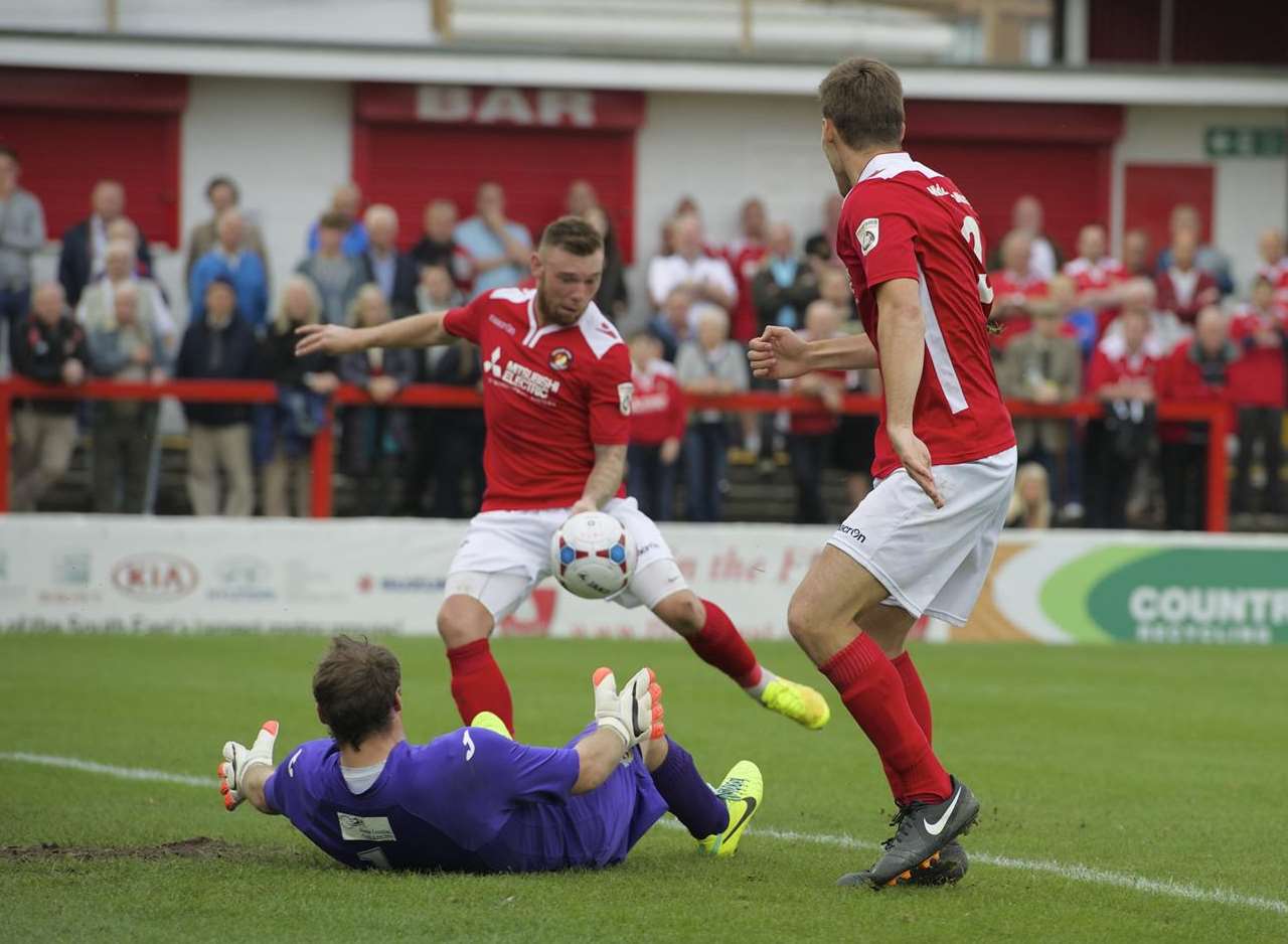 Billy Bricknell knocks in his second and Ebbsfleet's third goal Picture: Andy Payton