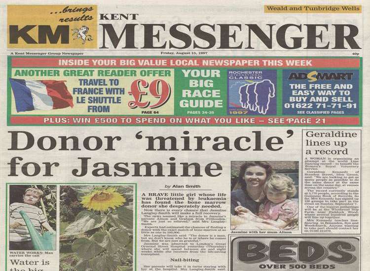 The KM front page about Jasmine's life-saving donation, from 1997