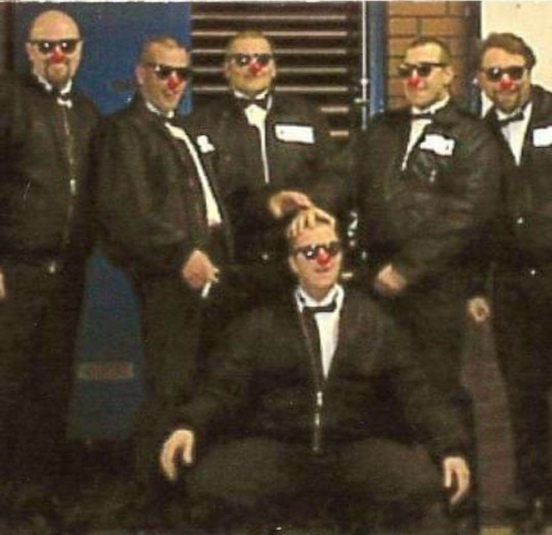 Bouncers at JJ's embrace Red Nose Day 1997. Picture: Toni Smith