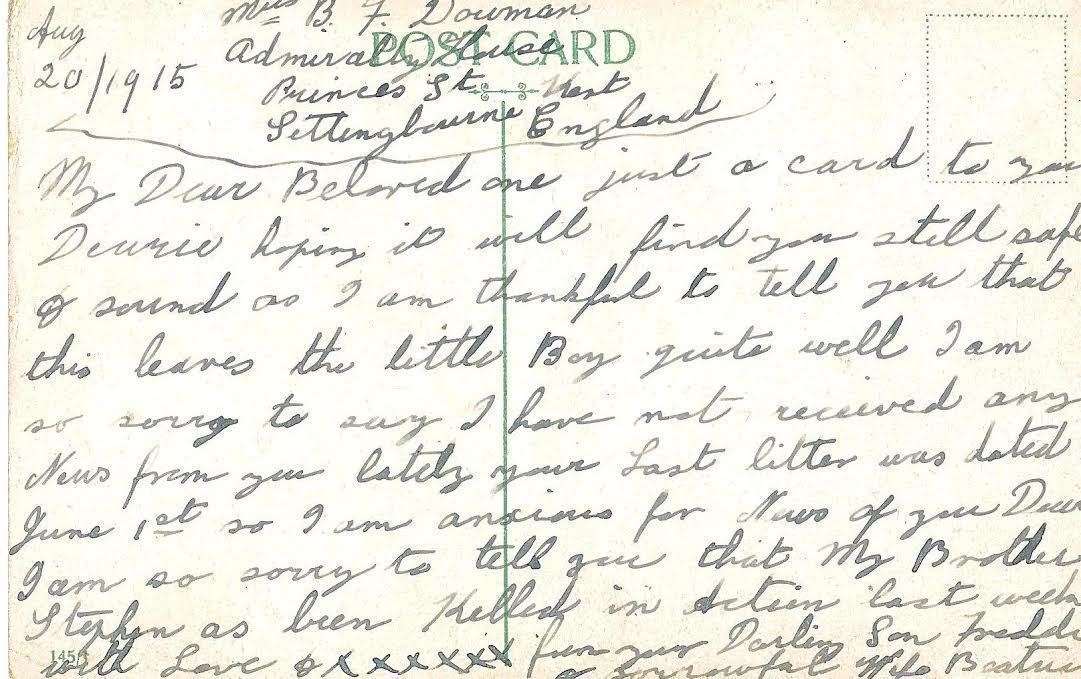 The message from Beatrice Dowman to her husband Frederick fighting on the front line