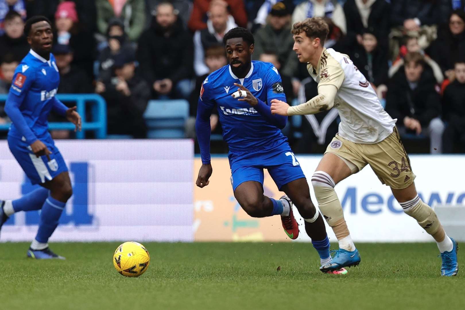 Hakeeb Adelakun in action for Gillingham against Leicester City in the FA Cup at Priestfield