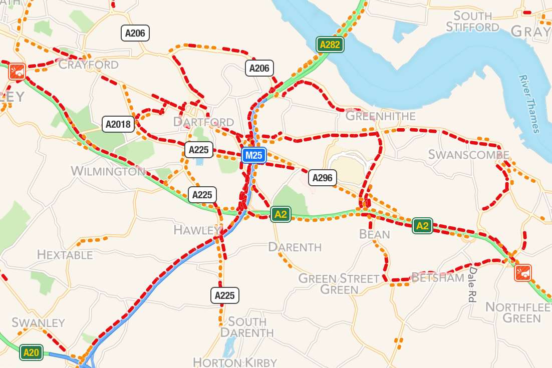 How the roads look at 3.35pm. Red lines indicate stand still traffic. AppleMaps image.
