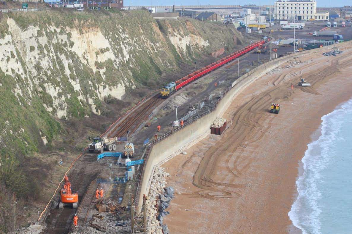 Workers on-site fixing the railway track between Dover and Folkestone. Picture: Rob Riddle