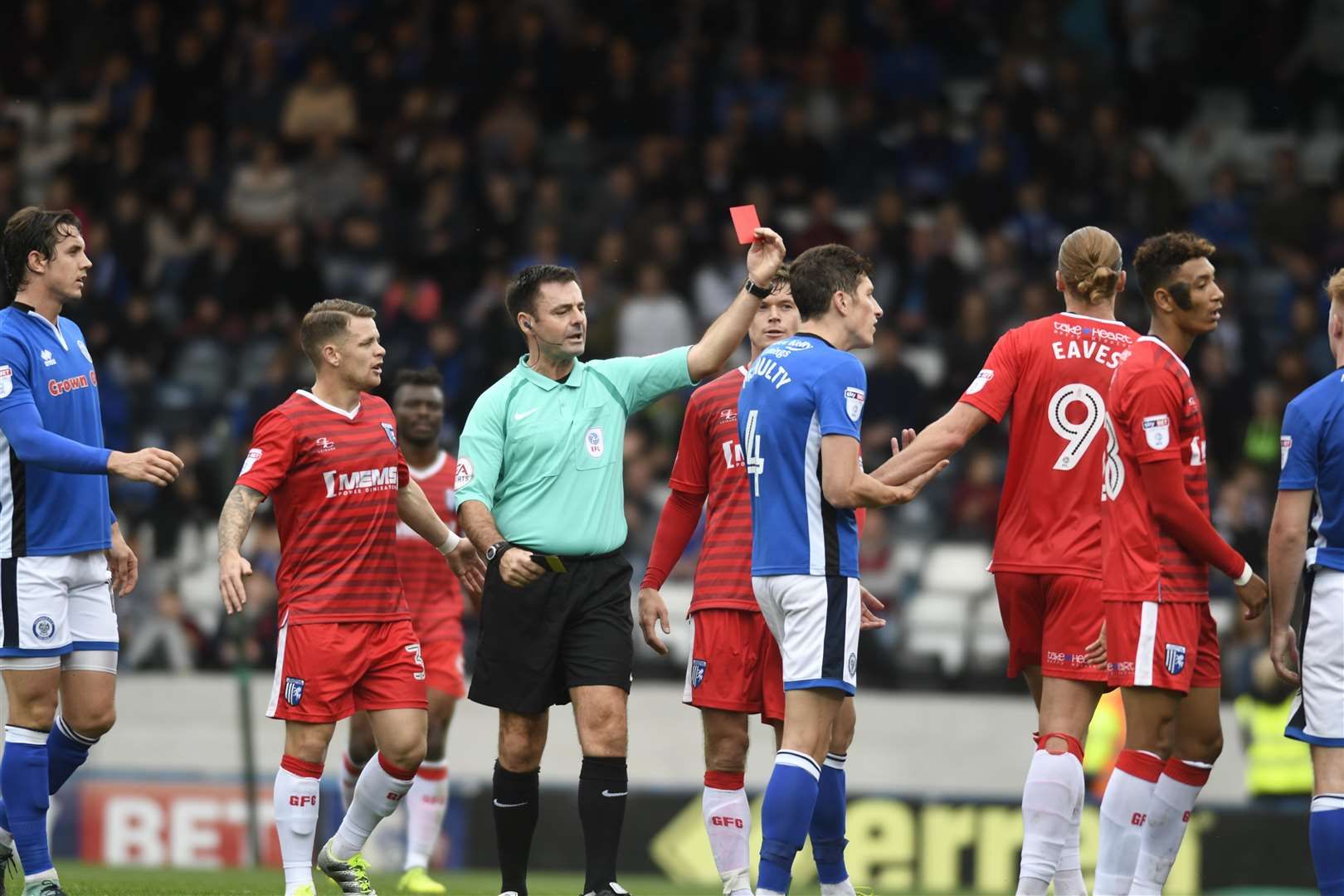 Tom Eaves was sent off in Gills' 3-0 defeat at Rochdale last season, the last one in charge for former boss Ady Pennock Picture: Barry Goodwin