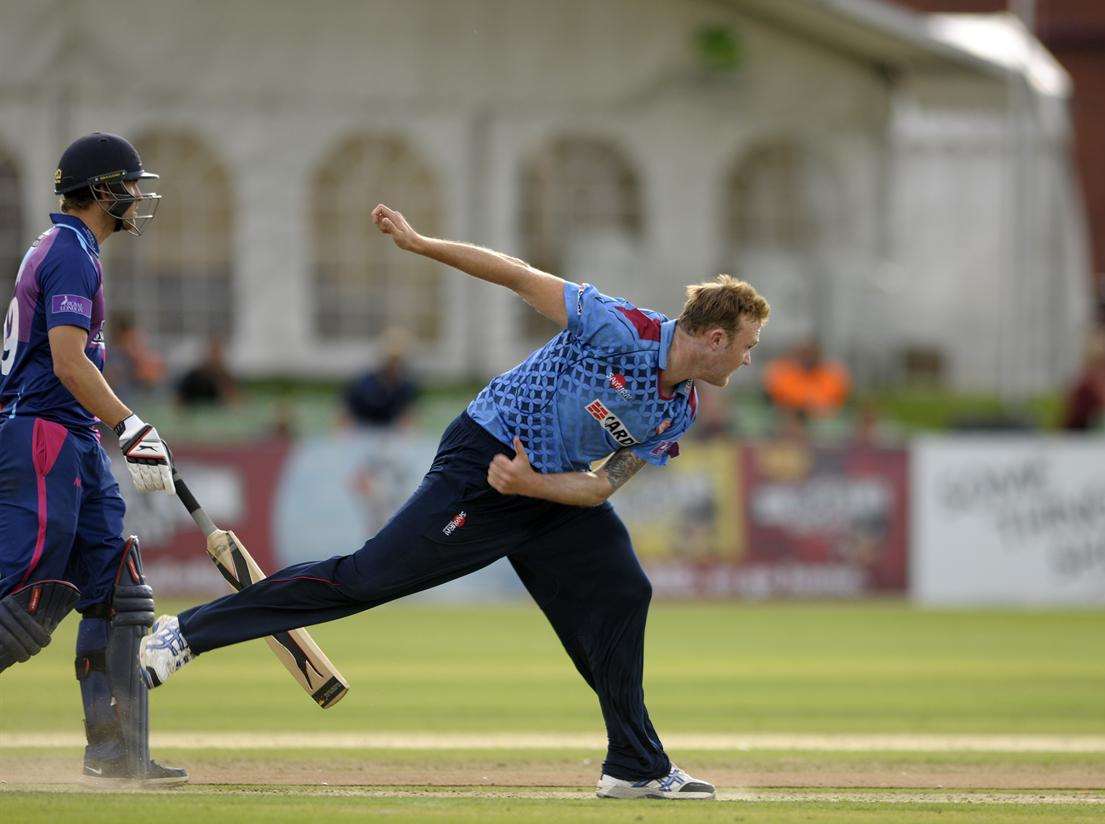 Aussie paceman Doug Bollinger in action in his final game for Kent during the Royal London One-Day Cup clash against Middlesex at Canterbury. Picture: Barry Goodwin