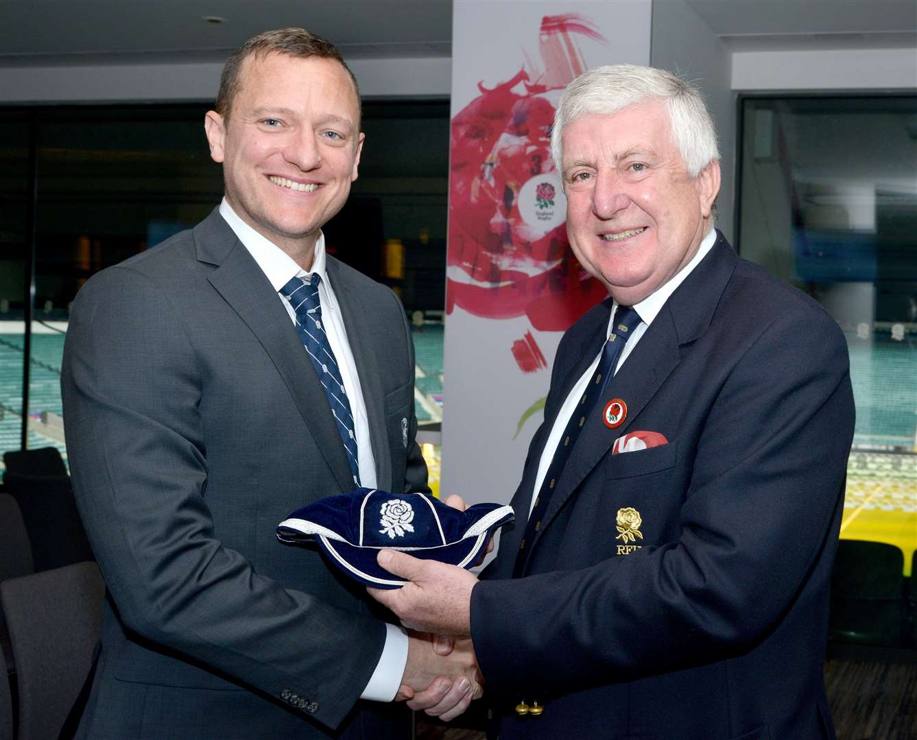 Matthew Carley with the then-president of the RFU, His Honour Jeff Blackett. Picture: RFU Collections