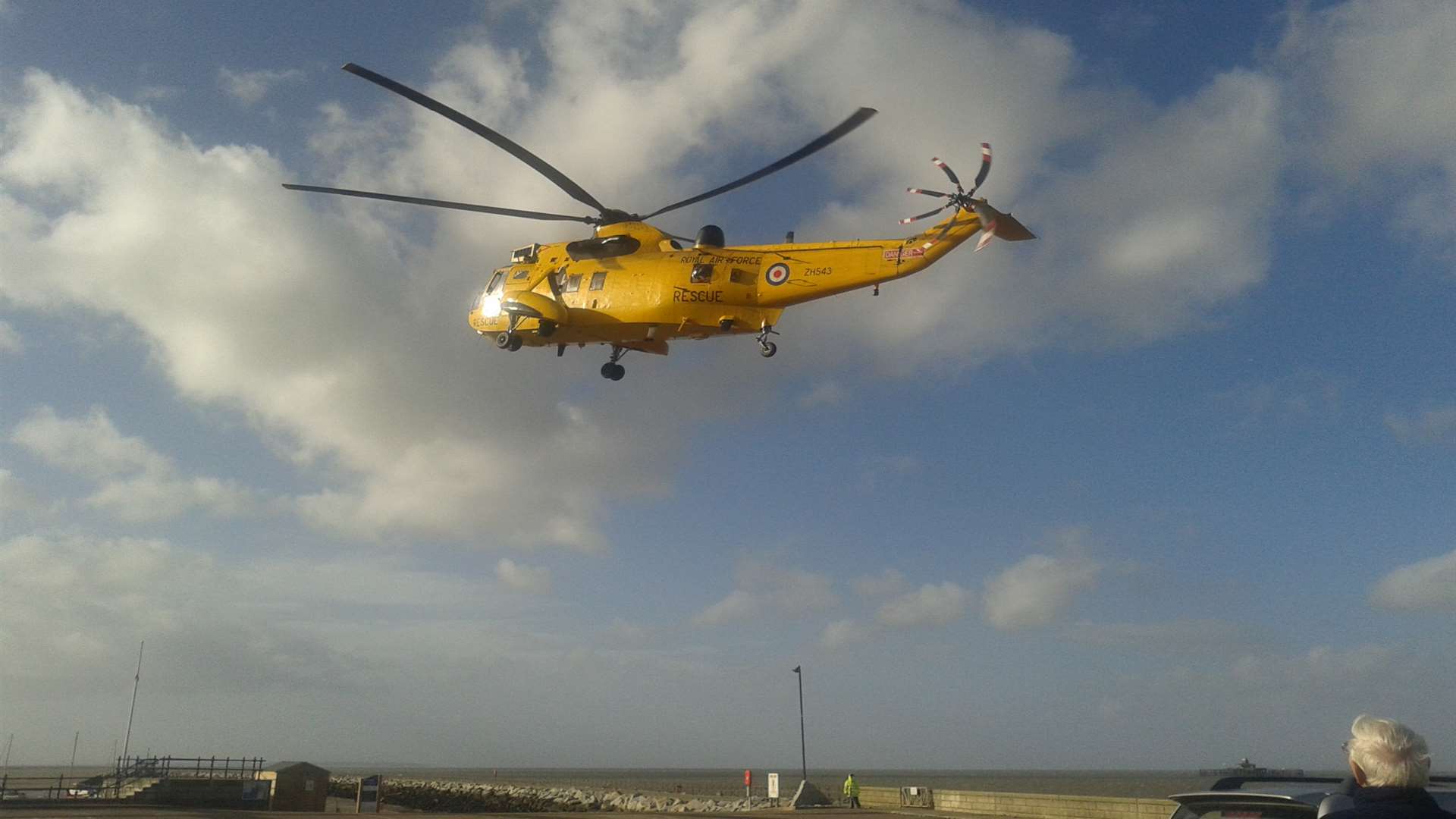 A rescue helicopter landing at Herne Bay Pier