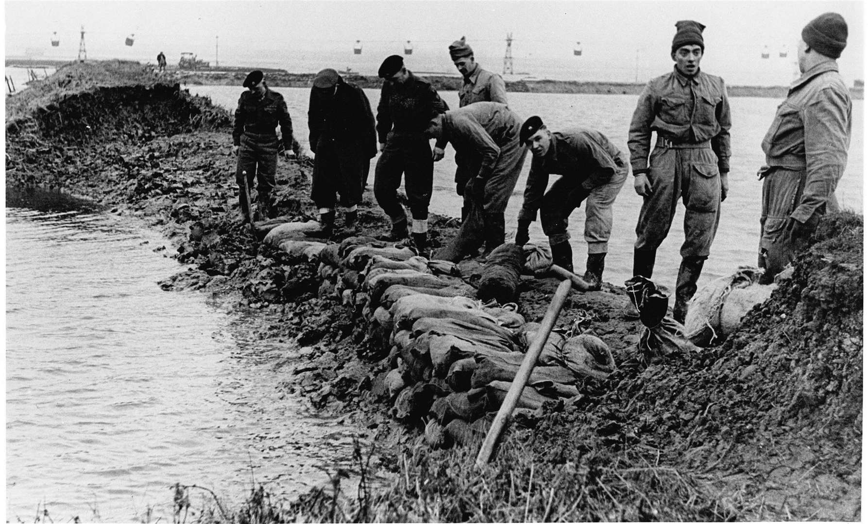 Soldiers repairing flood defences at Sittingbourne