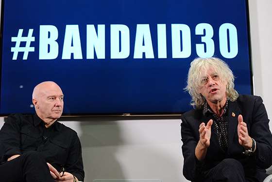 Midge Ure and Bob Geldof discuss the new Band Aid at a press conference. Picture: Yahoo