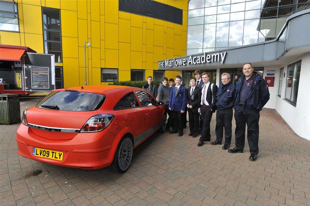 Students at Marlowe Academy in Ramsgate check out the 'hot hatch' launched by Kent Fire and Rescue Service on a countywide road safety campaign for young people. Picture: Tony Flashman.