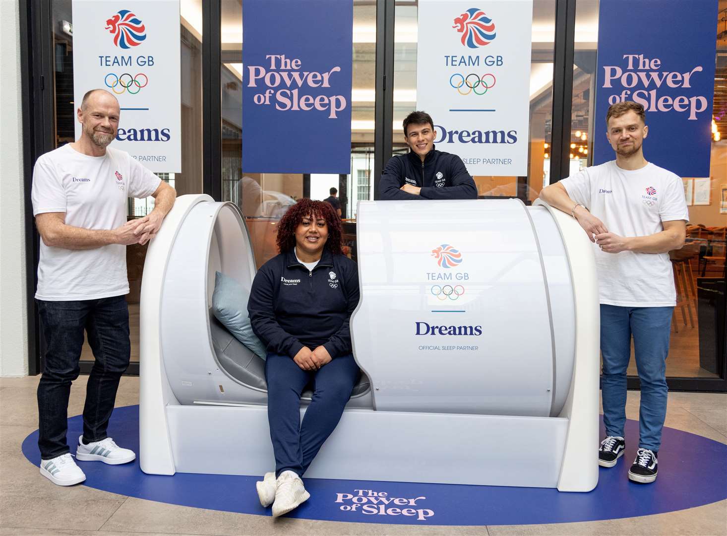 From left, Team GB’s head of performance services, Greg Rutter, weightlifter Emily Campbell, Joe Choong and Dr Luke Gupta, performance innovation consultant at the UK Sports Institute with the Dreams sleep pod