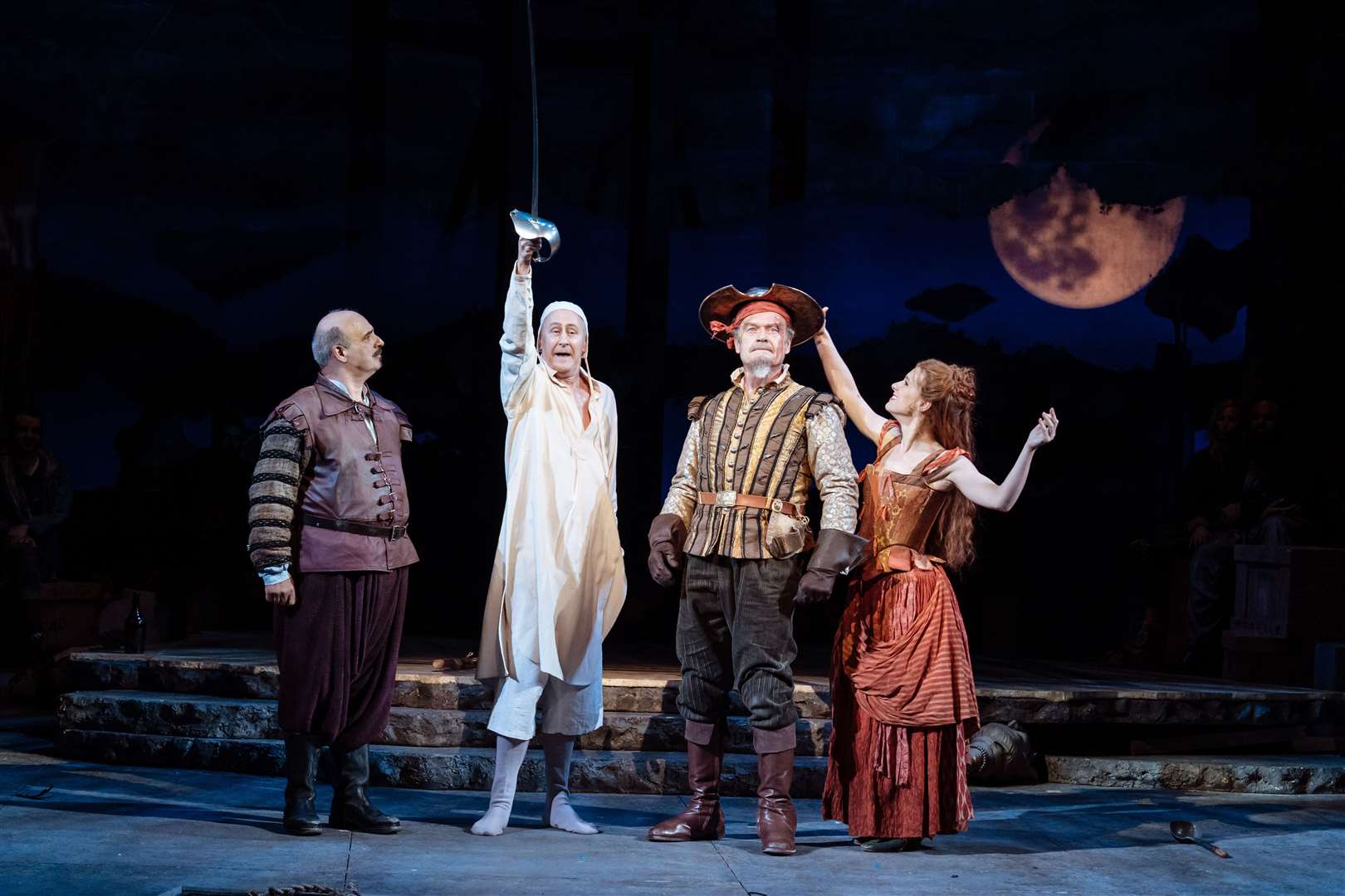 Peter Polycarpou, Nicholas Lyndhurst, Kelsey Grammer and Cassidy Janson in one of the lighter moments from the musical