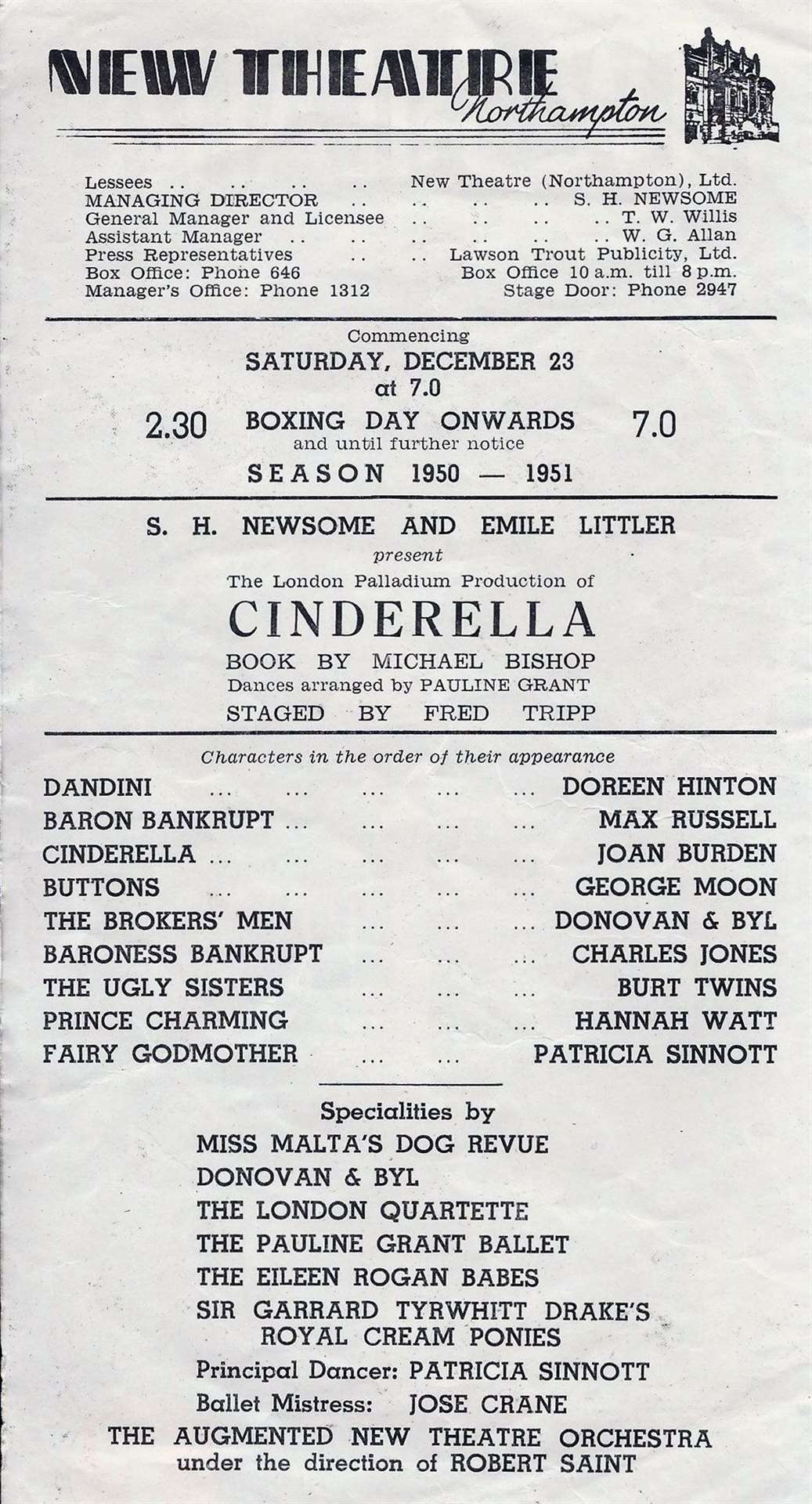 A programme for the Northampton New Theatre's production of Cinderella, with Sir Garrard's ponies on the cast list