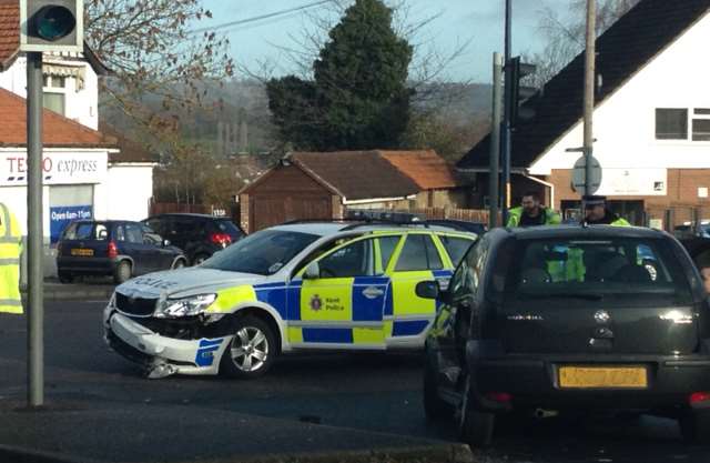 A crash between a police car and another vehicle in Allington. Picture by Matthew Lilley.