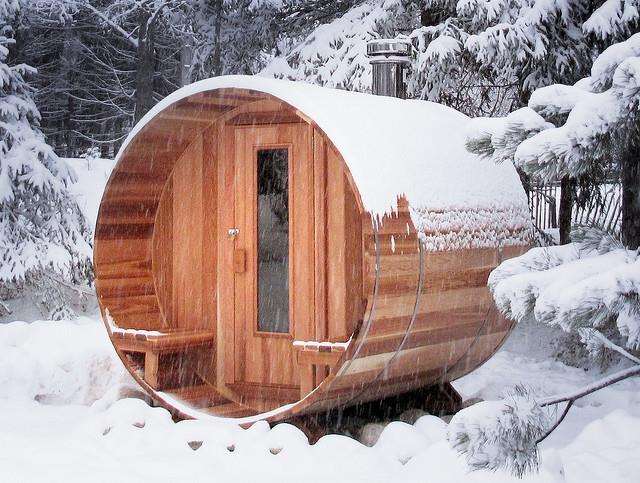 This log-burning sauna looks inviting even in the snow
