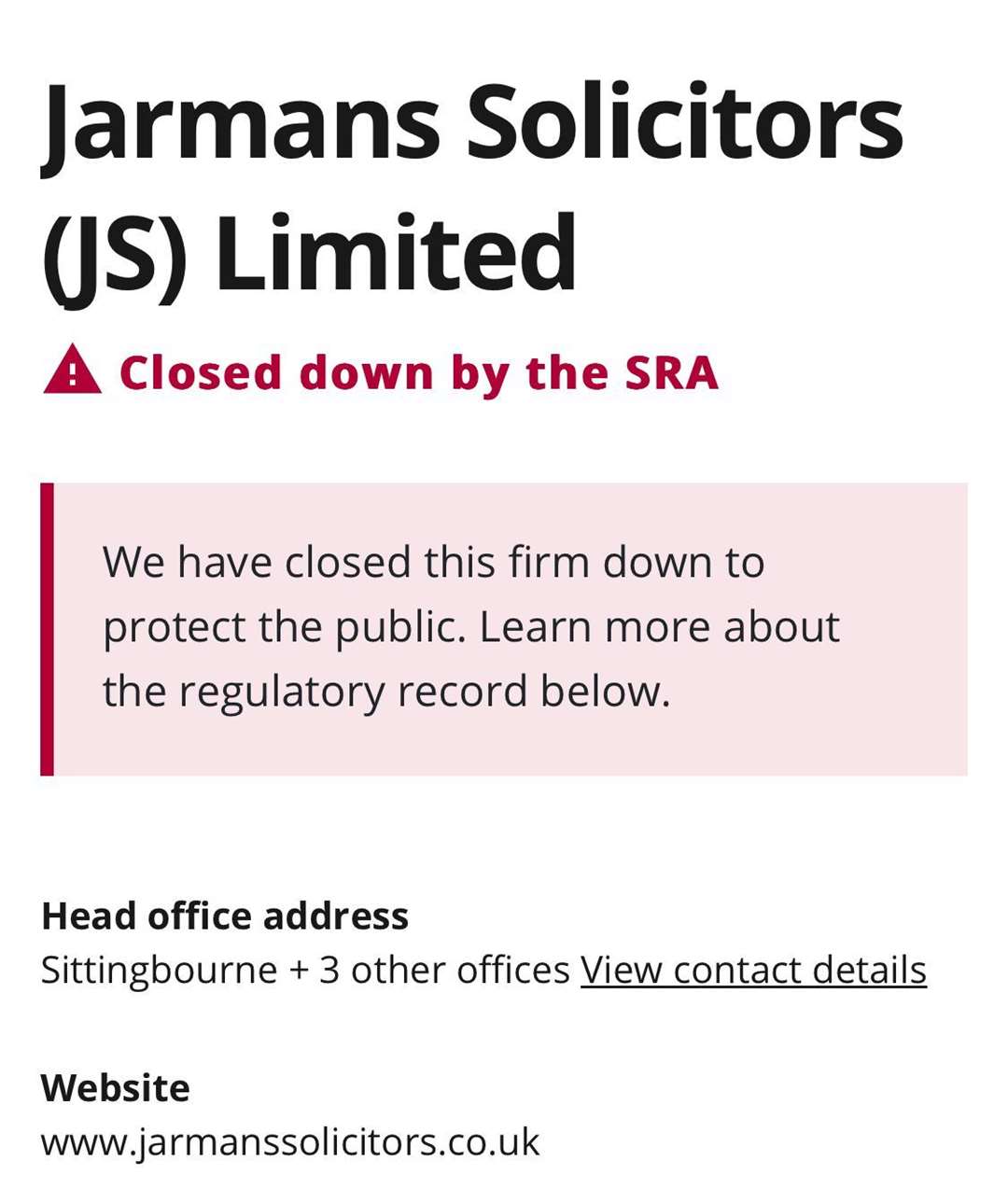 The announcement on the SRA's website about Jarmans Solicitors in Sittingbourne