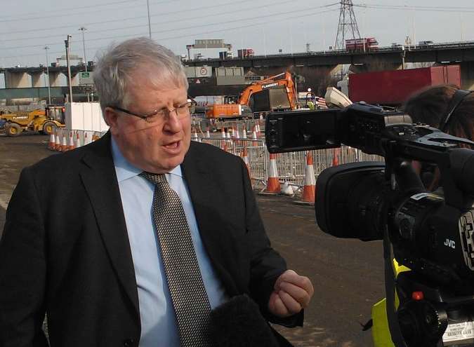 Patrick McLoughlin being interviewed at the Dartford Crossing construction site